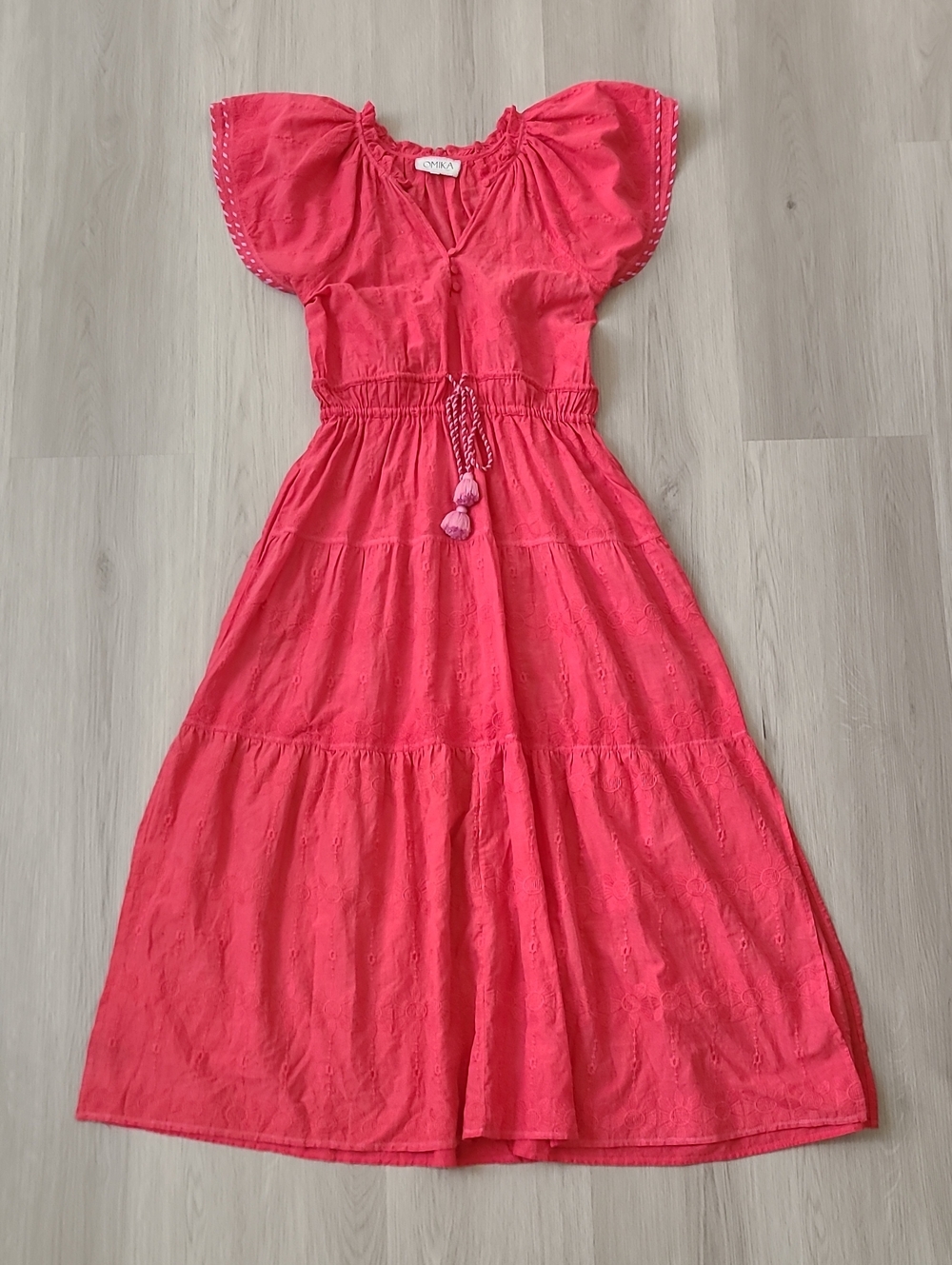 Omika Pink Tiered Eyelet Maxi Dress Tassel Tie XS Boho Cotton Flutter Sleeves